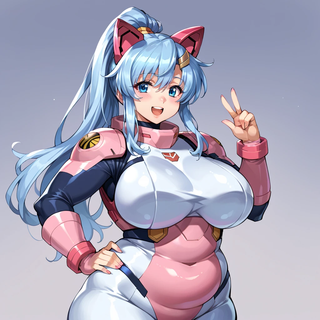 score_9, score_8_up, score_7_up,source_anime,BREAK, gundam_seed, 1girl, adult woman. She has very long light blue hair ponytail, bright blue eyes, pink mechanical cat ears, round face. she is (FAT) and chubby, with extra large breasts, large midsection, wide waist, thick arms, belly fat rolls and folds,  wide hips, wearing a pink pilot space suit, breasts squished together. happy, confident, proud, hand on hip, masterpiece,best quality,amazing quality, 5 fingers on each hand