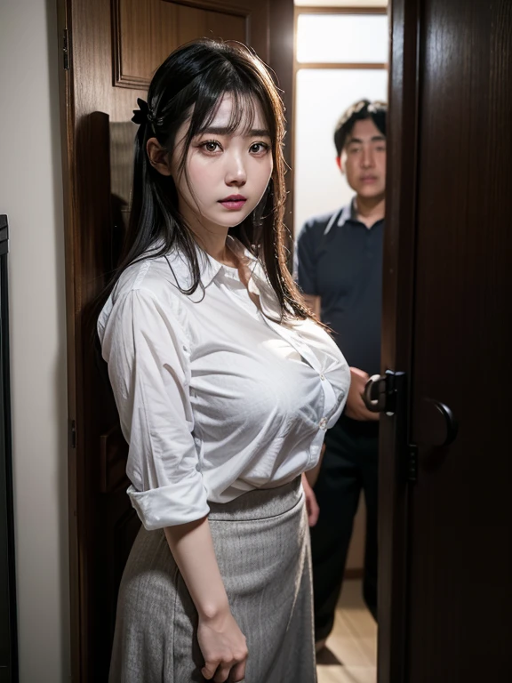  ****ung Japanese woman、 cute、anxiety、 black hair、Hair clip、 has big breasts、 white cutter shirt 、 gray flare skirt 、A displeased middle-aged man is peeking out the door、My room 、indoor、whole body、 anatomically correct、 masterpiece、 High Quality、 Very detailed、4K