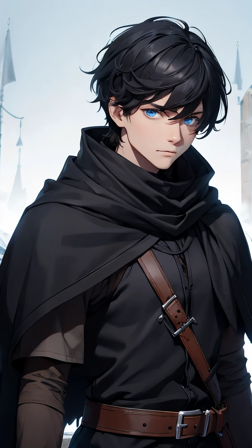 fair-skinned young man , short black hair and blue eyes , beautiful face, he wears black medieval clothes and a black winter tunic with skin for snow, wears black gloves, Cold expression, He is on the top of a snowy mountain