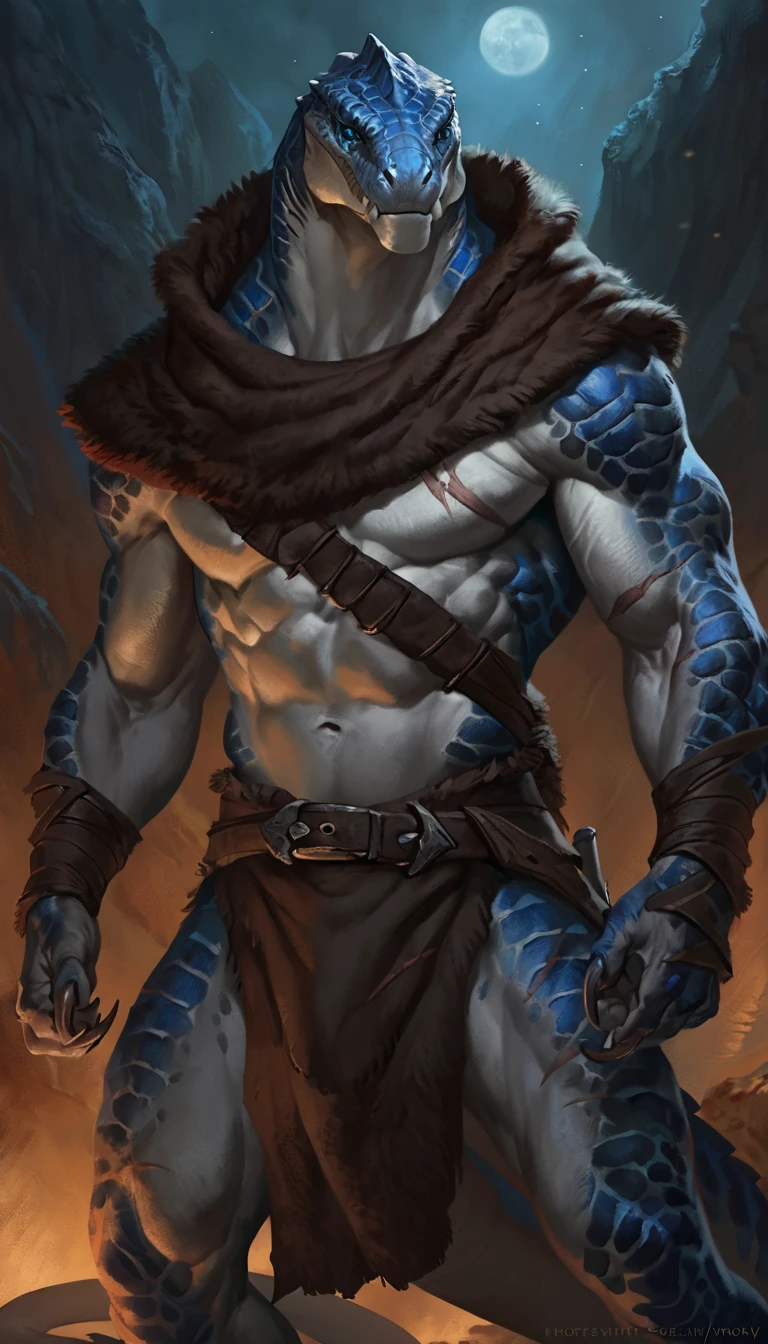 Muscular monster lizardfolk, solo, rogue, blue tongued skink lizardfolk, gray body, strong, scars on body, 1male solo, anthro, muscular, thick tail, thick neck, marked jaw, wearing a loincloth with thick belt, wearing a rogue cape, comicbook style, night time, best quality, 4k, ultra-detailed, by laobai, by taran fiddler, by honovy, by null-ghost, by thebigslick