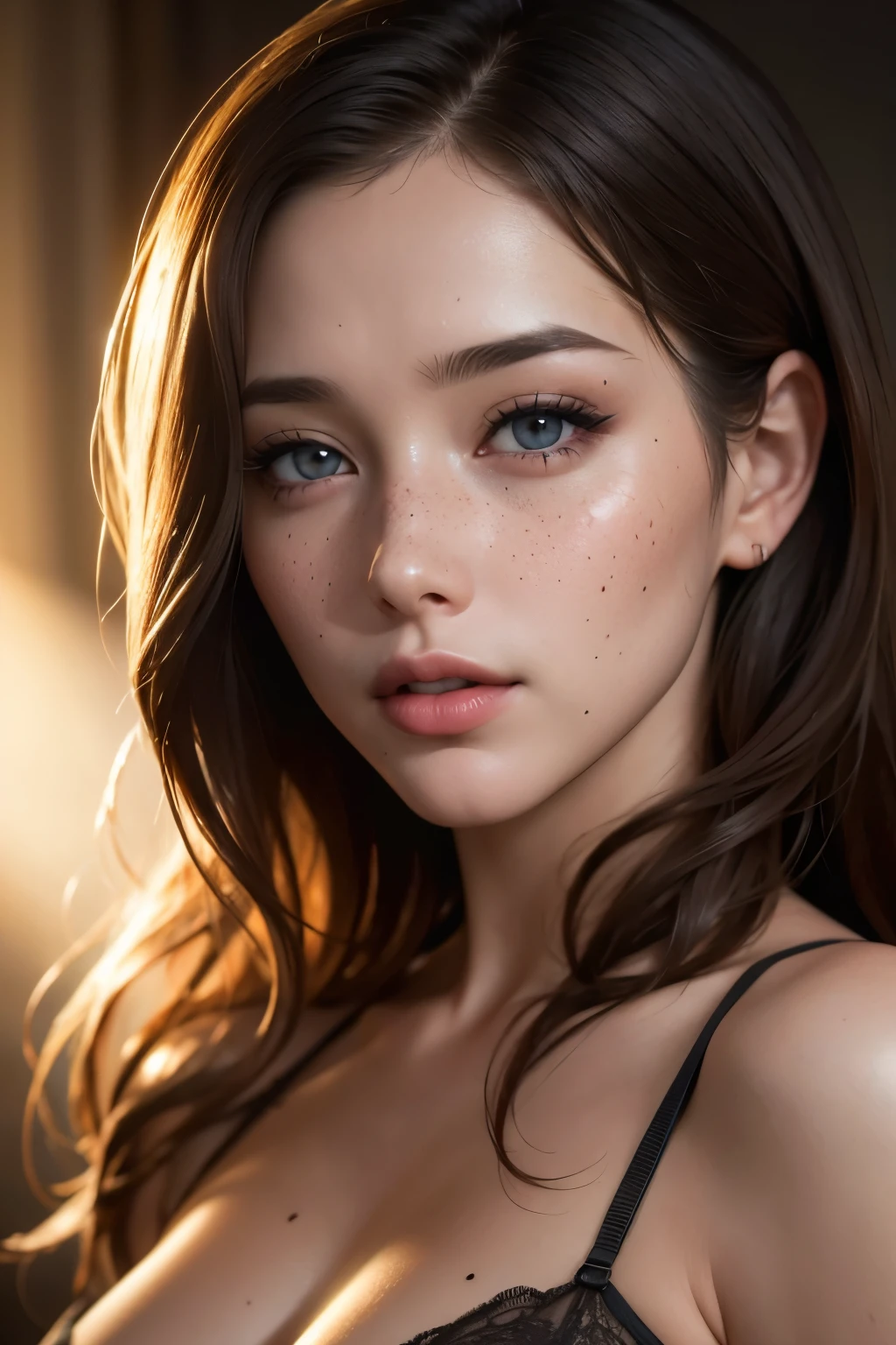 a young girl with freckles, cinematic lighting, highly detailed face, beautiful detailed eyes, beautiful detailed lips, extremely detailed face and features, long eyelashes, intricate skin texture, warm color palette, dramatic lighting, cinematic composition, high quality, 8k, photorealistic, intricate details, masterpiece, mid-body, sexy poses, bra and short , hard big tits, mole under eyes, panting of climax,Bouche Ouverte,