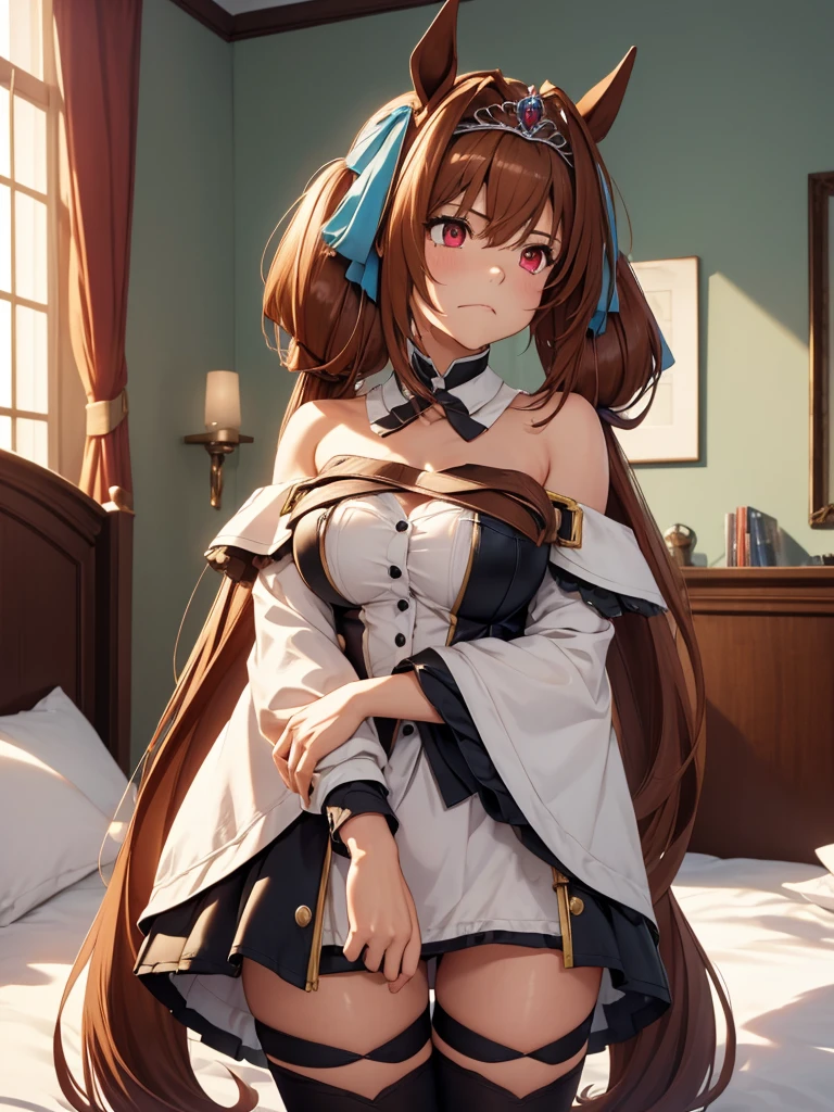 (​masterpiece, top-quality, hight resolution, Unity 8k, extremely details CG:1, Best Picture), upper body, 1girl, Daiwa Scarlet (Uma Musume), (((tiara, brown hair))), red eyes, long hair, twintails, (horse ears, horse girl), detached sleeves, thighhighs, thigh strap, choker, belt, bare shoulders, navel, Large breasts, hotel room, on the bed, A person begrudgingly agreeing to something they do not want to do. Their expression shows annoyance or irritation, with narrowed eyes, a downturned mouth, and a tense jaw. Their body language appears defensive, such as crossing their arms tightly or tapping their fingers in frustration. They might glance away or roll their eyes slightly as they mutter a reluctant "Fine, I’ll do it," emphasizing their lack of enthusiasm or willingness.
