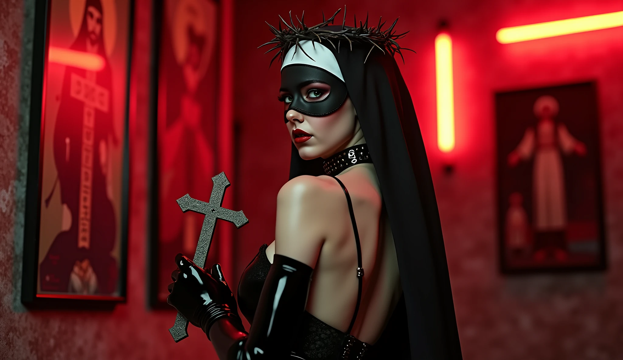 woman dj nun crying blood, dark, horror, red tones, gothic church in the background where we have a rave, ultra realistic, horror movie lighting, scary, chaos, neon lights in the background, realistic, dark, huge breast, Fujifilm Fujichrome Provia 100F movie, flashlight, ultra realistic, 8K UHD. --auto --s2