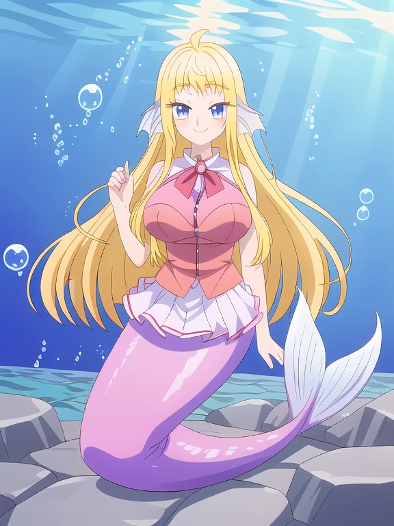 Fate mermaid Minami Fuyuki || Hokkaido Gals Are Super Adorable!, tall, mature, long blonde hair, purple eyes, gigantic breasts, underwater sea, bubble airs, smile, red blush, looking at viewer,