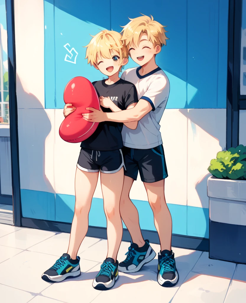 ((a girl is hugging an invisible man)). (girl: blonde hair, white t-shirt, sports shorts, happy. Holding on to the man.) (man: men's shorts, black t-shirt. Standing.) full body shot 