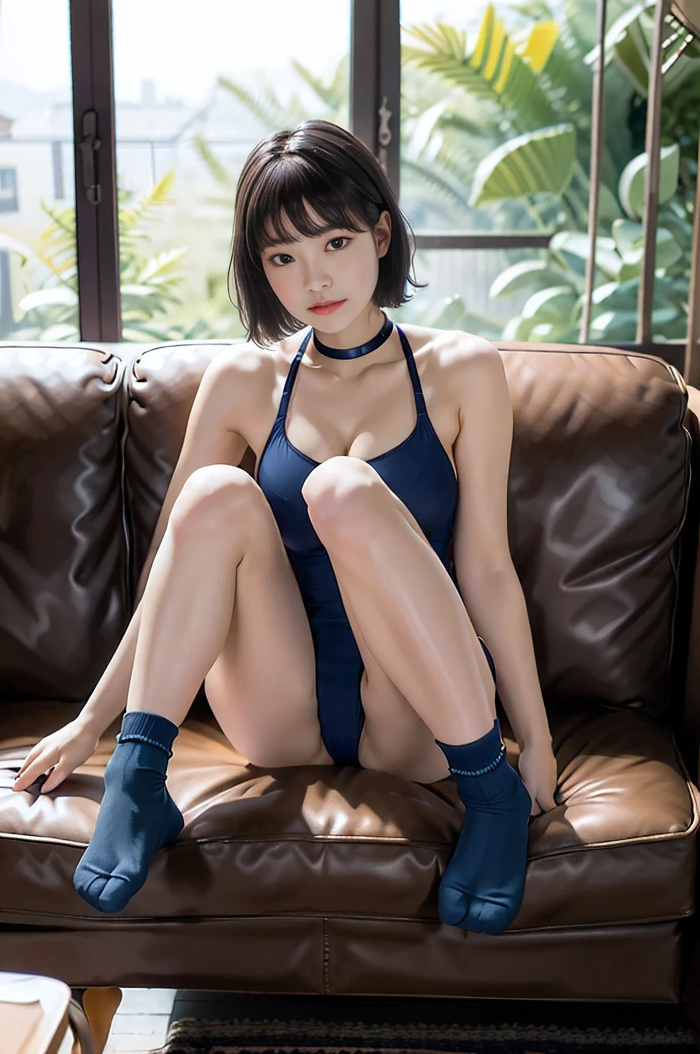 nsfw, (4K picture quality, high quality, high quality, masterpiece), (bright), (realistic rendering), One beautiful girl sitting on sofa in living room, knees in front of chest, legs spread, short hair, black hair, collar around neck, navy blue one-piece swimsuit, navy blue long socks