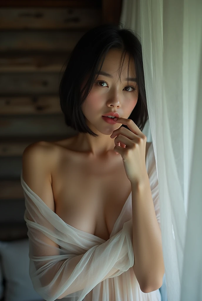 top-quality、​masterpiece、超A high resolution、14years old,(Photorealsitic:1.5)、Raw foto、1girl in、murky、deep-shadows、Unobtrusive、cold light、sexy appearance、shorth hair、((very_short_hair)), naked portrait, nude photography, shiny nipple 