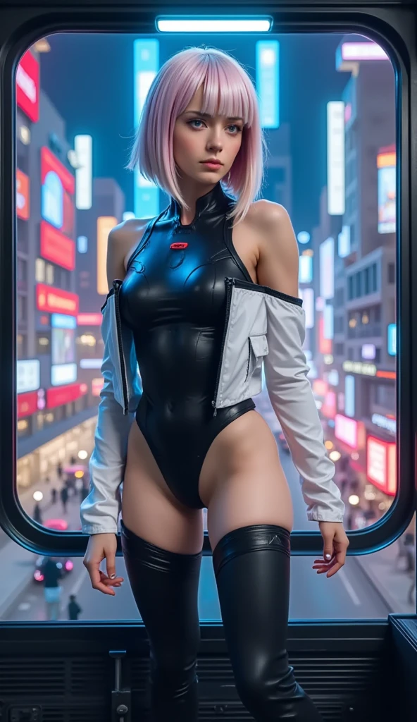 "Ultra-high resolution, UHD, ultra-detailed, hyper-realistic skin texture, high-quality rendering, photorealistic portrait. A futuristic anime-style woman named Lucynova with a choppy, asymmetrical bob of pure white hair featuring short pink and blue highlights. She is standing in front of a large rectangle shaped glass window in a sleek apartment.  overlooking a vibrant cyberpunk cityscape with neon lights, glowing signs, She gazes outside, her arms folded, Neon reflections illuminate the sharp contours of her black leotard, thigh-high boots, white glossy transparent whit jacket, and utility belt—a signature cyberpunk outfit. Shot with a wide-angle lens, capturing her side profile, lit dramatically by the glowing neon city lights."


