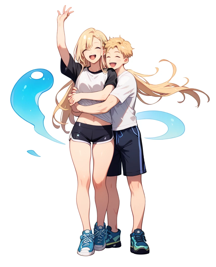 ((a girl is hugging an invisible man)). (girl: long hair, blonde hair, white t-shirt, sports shorts, happy. Holding on to the man.) (man: shorts hair, men's shorts, black t-shirt. Standing.) full body shot 