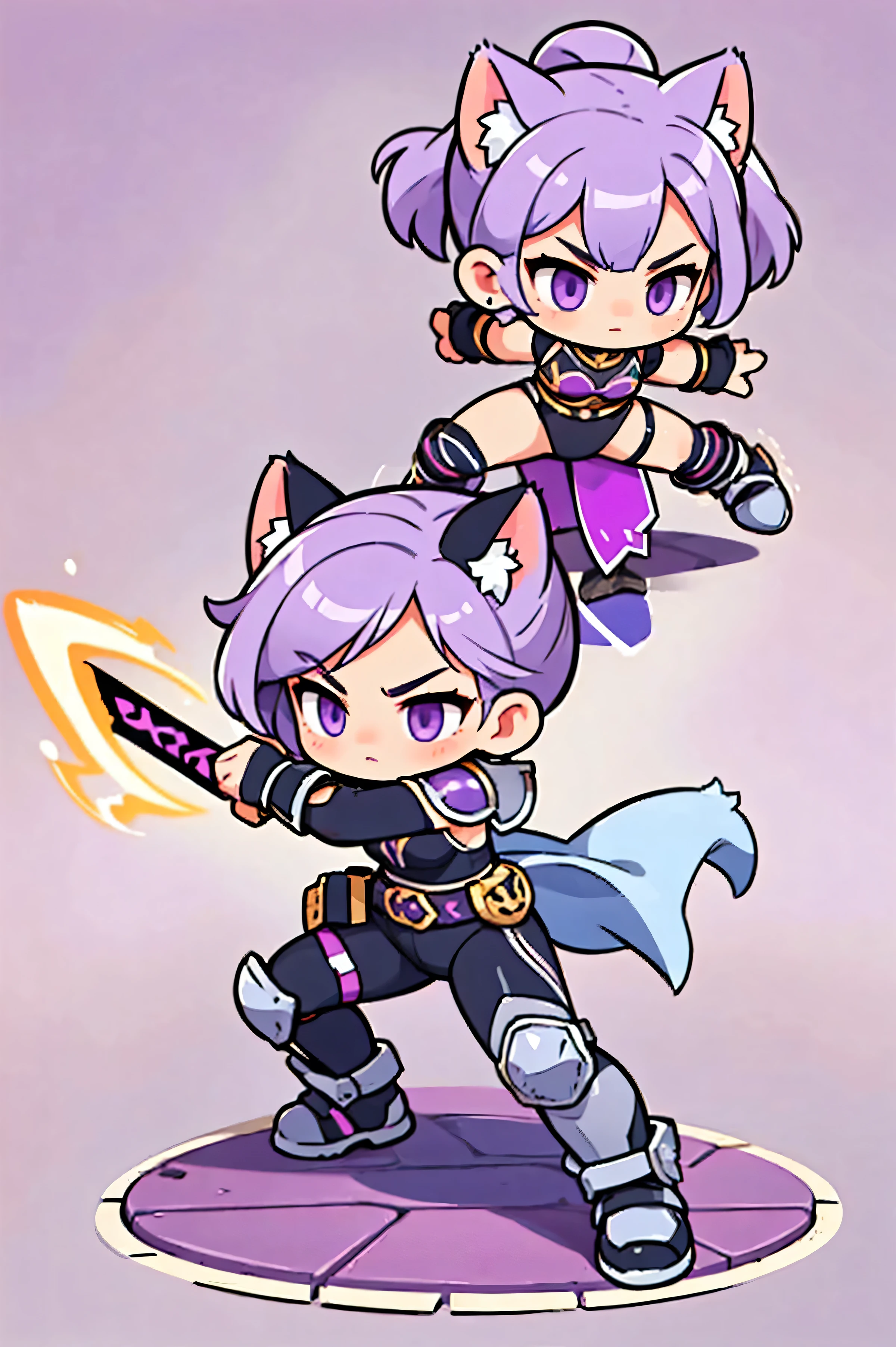 Female Warrior Style , Silver Full Body Iron Armor., Natural background. purple hair , tied hair , cat ears , black eye , Stylish Poses , half side , dynamic battle pose , Battle Sword . Defensive Stance