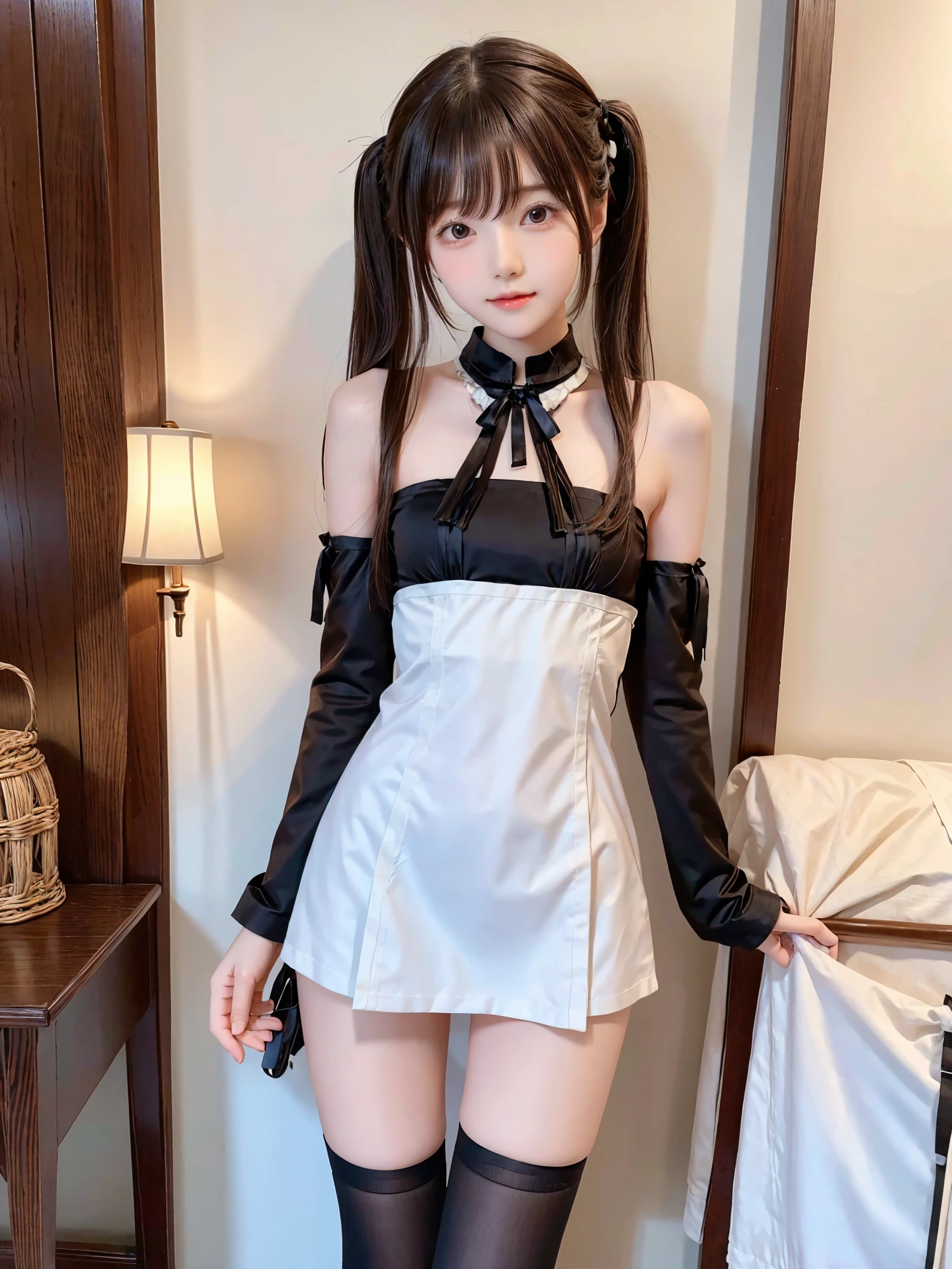 Maid,cute pretty girl,masterpiece,high definition,4k,8k,16k,twin tails,brown hair,slender body,thin leg, thin arm, thin body,small,18yo