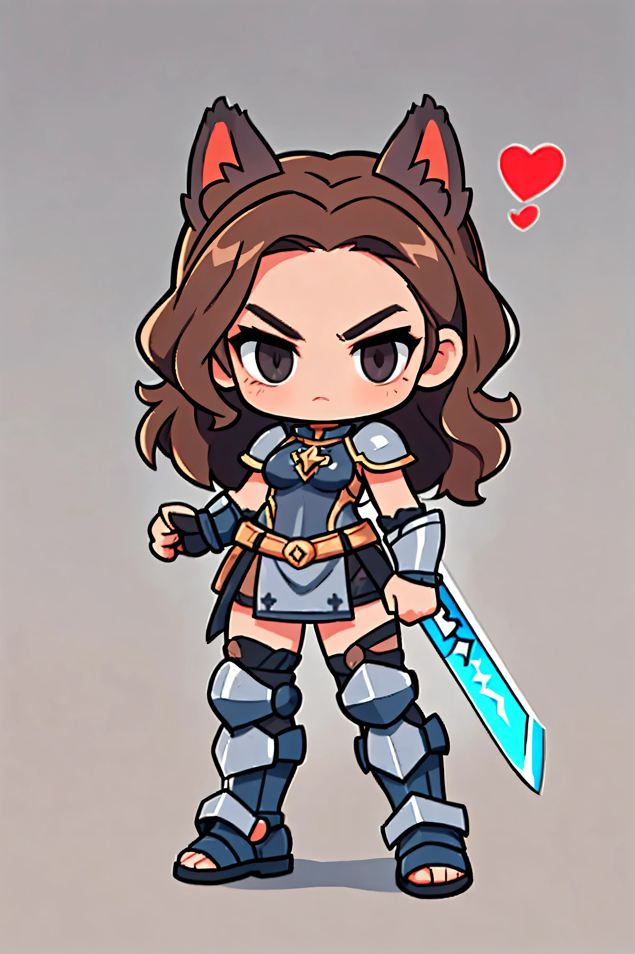 One female warrior ,    Medieval Gray Full Body Iron Armor, Natural background.   brown hair,   tied hair  ,  cat ears , black eye ,   Stylish Poses  ,  Sleek Pose ,   Battle Sword  . Aggressive posture  