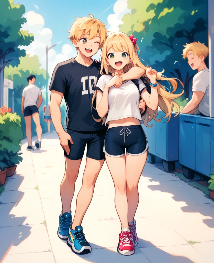 ((A man is carrying a woman )). (girl: long hair, blonde hair, white t-shirt, sports shorts, happy.) (man: men's shorts, black t-shirt. Standing.) full body shot 