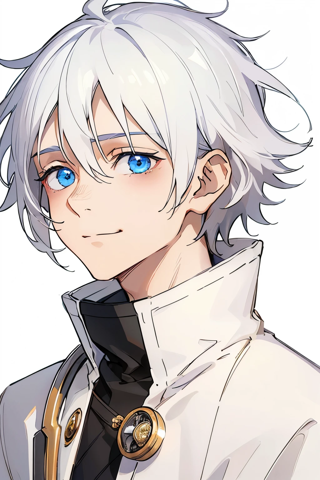 best quality, high quality,ulutra detailed,16k,line art,hard-edged,upper body,beautiful detailed eyes,deep detailed eyes,medium hair,flipped hair,white hair,young boy,doctor’s coat,medium hair,flipped hair,white hair,smile,beautiful detailed eyes,deep detailed eyes,no background