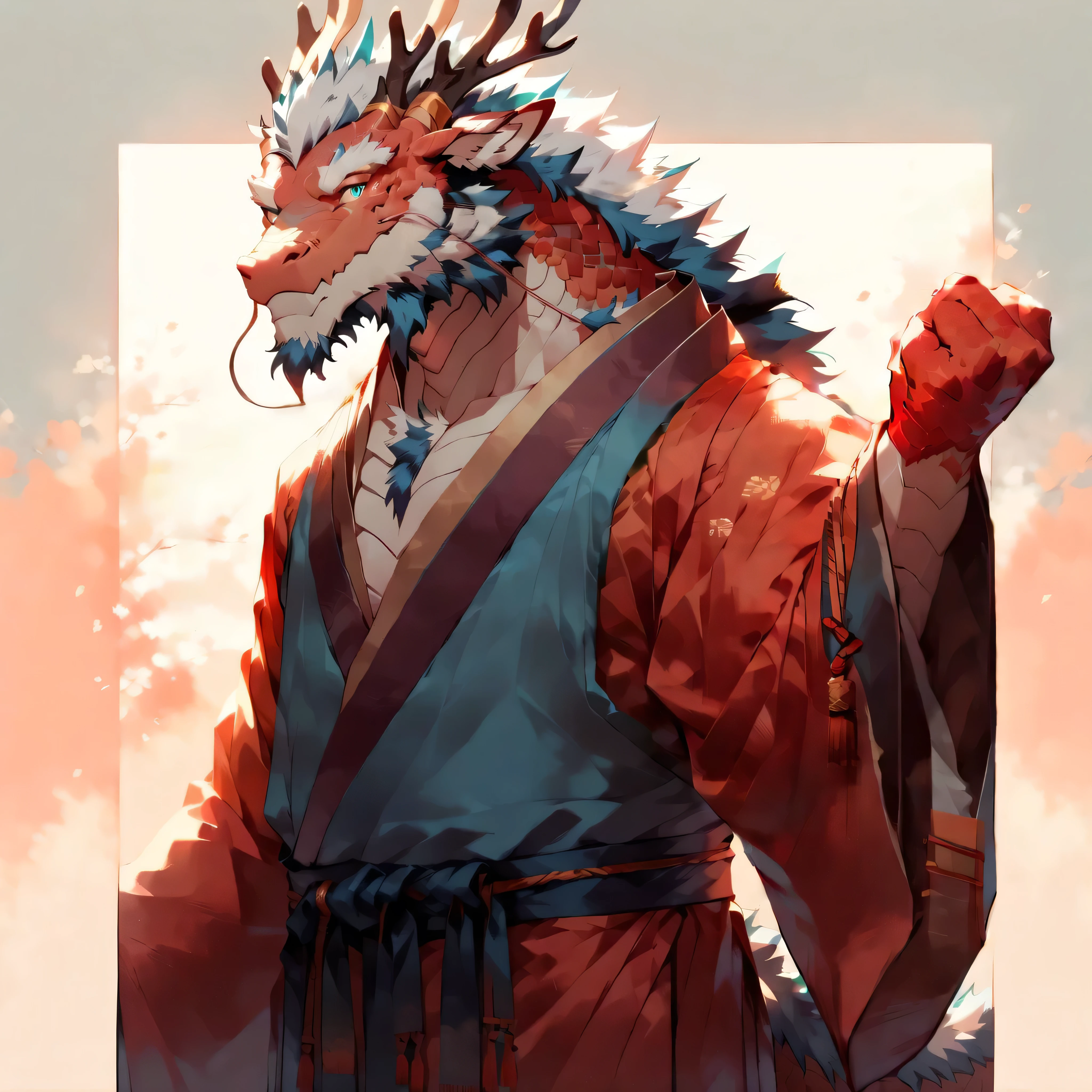 # Main Character: (Eastern Dragon Furry:1.8), muscular mature male, masterpiece, (full body portrait:1.4), (chest-up shot:1.4), (head turned 45 degrees left:1.3)
Dragon Features: (red scales:1.6), white belly scales, blue eyes, antlers, gray mane
Clothing: (simple traditional Eastern robes:1.2), (minimal clothing layers:1.3), clean fabric folds
Background: (solid color background:1.5), simple environment, (soft lighting:1.2), (warm color tones:1.3)
