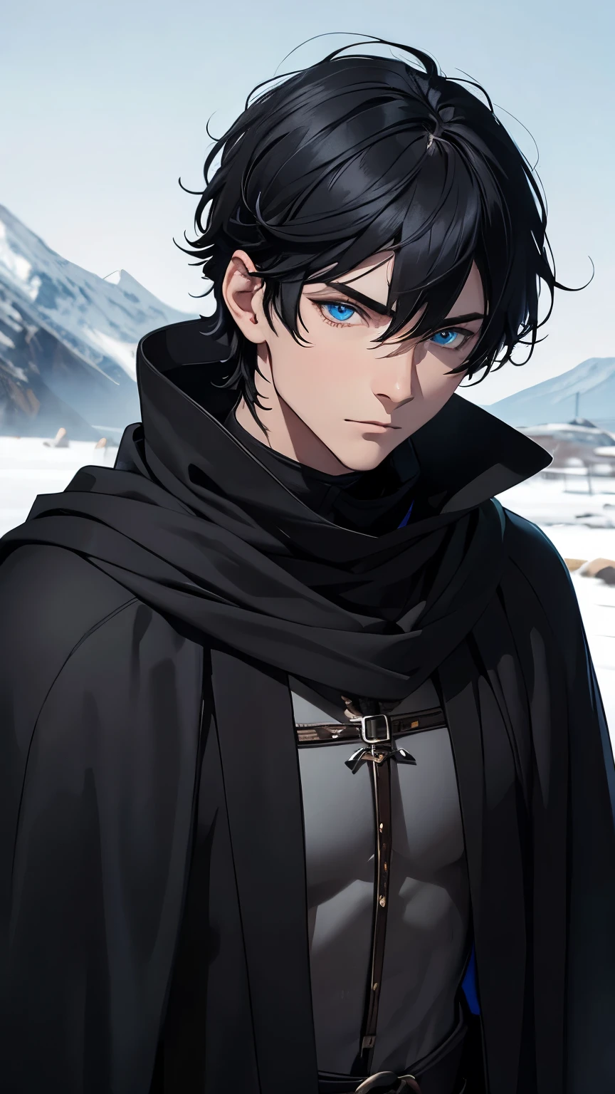 fair-skinned young man , short black hair and blue eyes , beautiful face, he wears black medieval clothes and a black winter tunic with skin for snow, wears black gloves, Cold expression, He is on the top of a snowy mountain