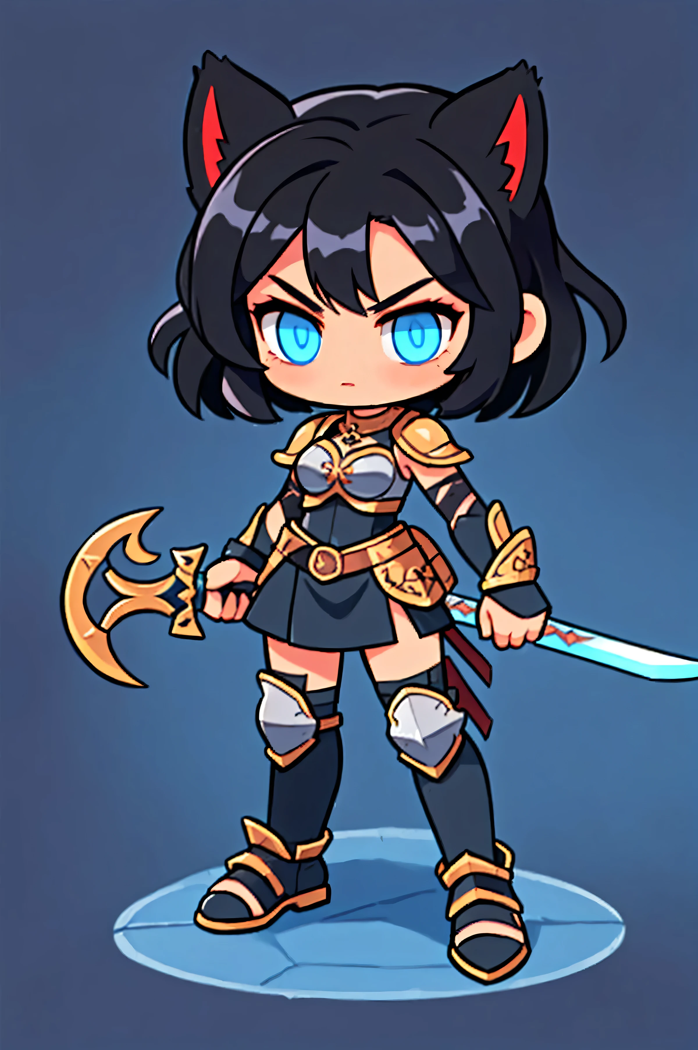 A female warrior wields a sword , Medieval Leather Armor , Natural background. Full black hair , tied hair , cat ears , blue eyes , High jump pose with a sword with both hands, Battle Sword . Aggressive posture
