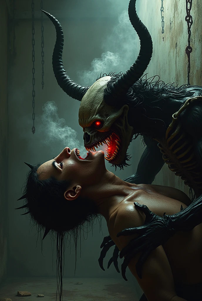 Undead sinner on her knees sucks demon's cock, forced oral sex, (mouth rape:1.3), Sexual violence, hand on her head, holds her by the hair, (traces of beatings on her body:1.2), torn clothes, Sexual slavery, hellish torment