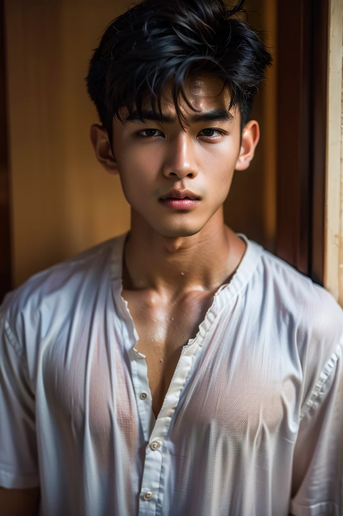 Realistic Photography, handsome **** Thai man ,big loose shirt  high resolution,  high resolution,  high-profile room,  Very detailed , 