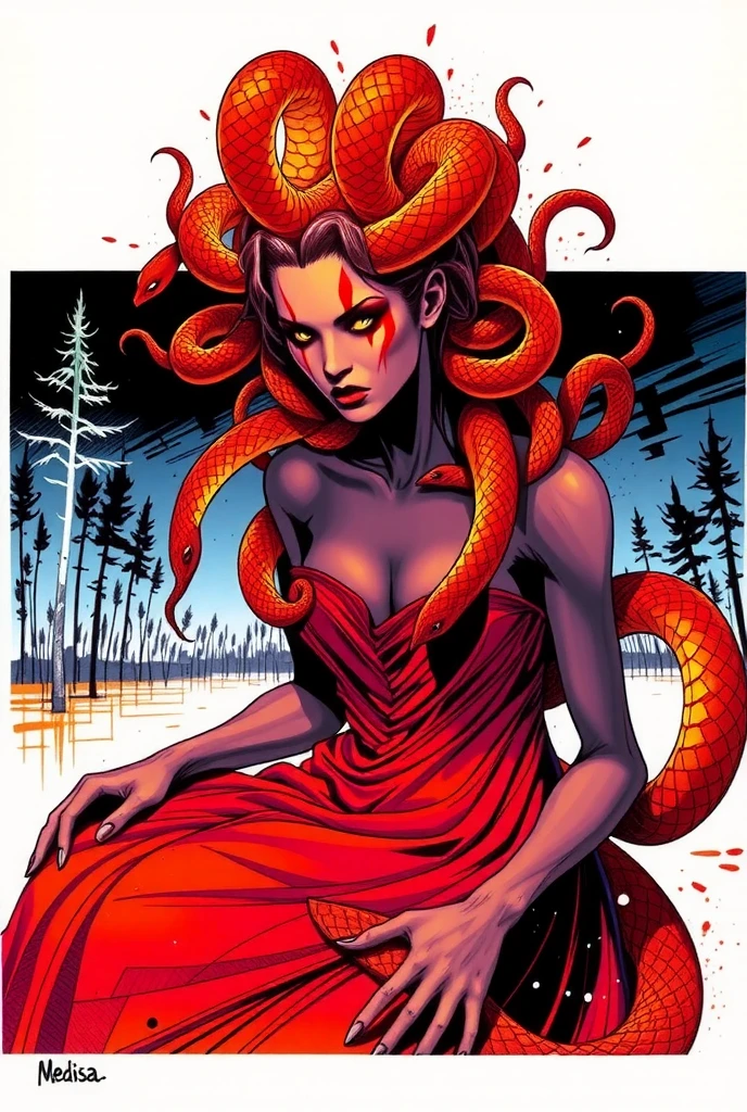 Award winning moment, Medusa on podium, surrounded by statues, ((Medusa, gorgoneion), morphology drawn Frederic Delavier style illustration, snake skin dress, (body, Naga, snakefolk, snake woman hybrid, bald, hairless, snake skin tattoos, piercing eyes, snake pupils, living snakes on head, snake-hair, serpent-hair over the shoulder) )), ((splash page comic cover art, ink style figure, (expressive Joelle Jones and "Sean Gordon Murphy" comic drawing), wordless, no visibility darkness, cinematic poster, full length portrait, candid, (Gerardo Zaffino charcoal), (colors, muted deep fiery radiant glowing ROYGBIV,) subliminal orchids, silhouette, image within image, craftsmanship nuance, ))
