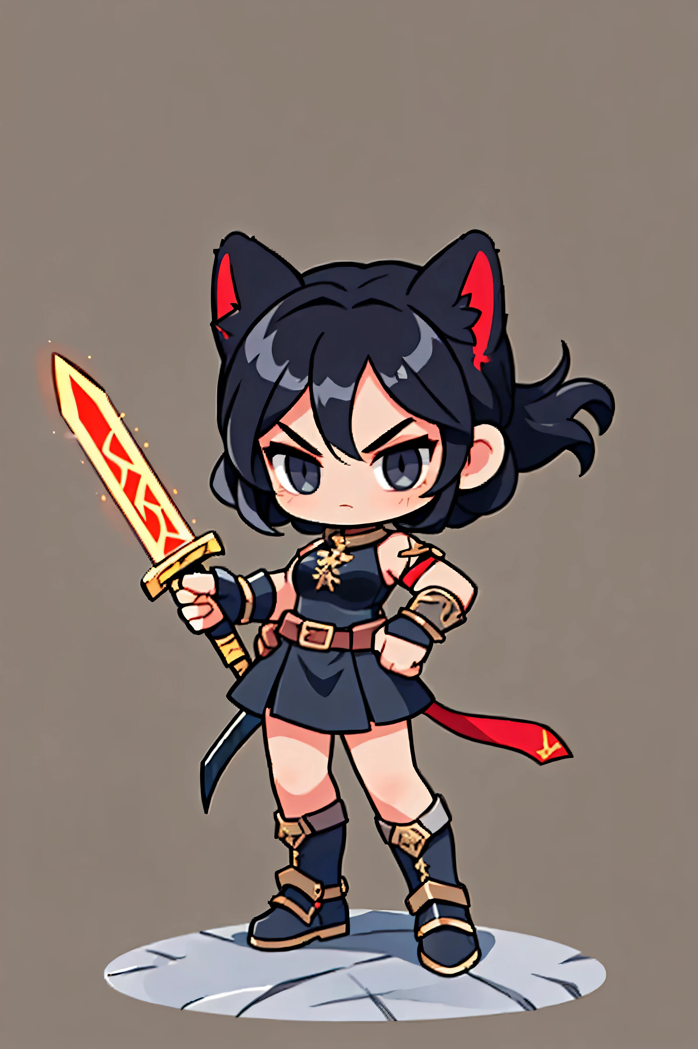 A female warrior wields a sword , Medieval Leather Armor , Natural background. Full black hair , tied hair , cat ears , black eye , The pose of holding a sword high and jumping high, Battle Sword . Aggressive posture