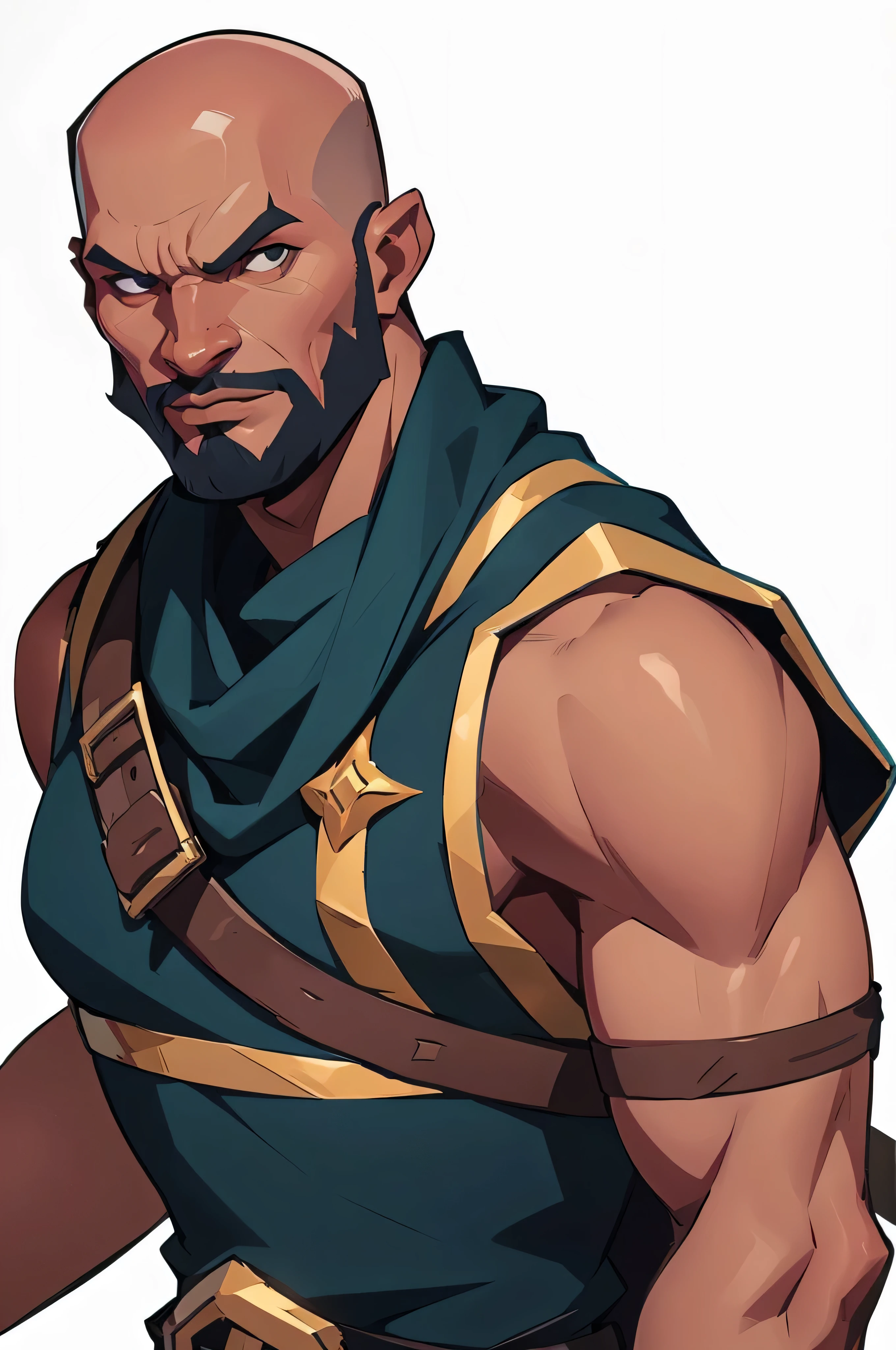 mstoconcept art, european and american cartoons, game character design, solo, 1MAN, human, black skin, african, , CLEAN FACE, GRAY BACKGROUND, rogue, black assassin clothes, no sleeves, holding 1 dagger on each hand, FULL BODY, STANDING, black leather clothes, no HAIR, bald, no beard, fantasy rpg rogue, (((detailed))), (((high resolution)))