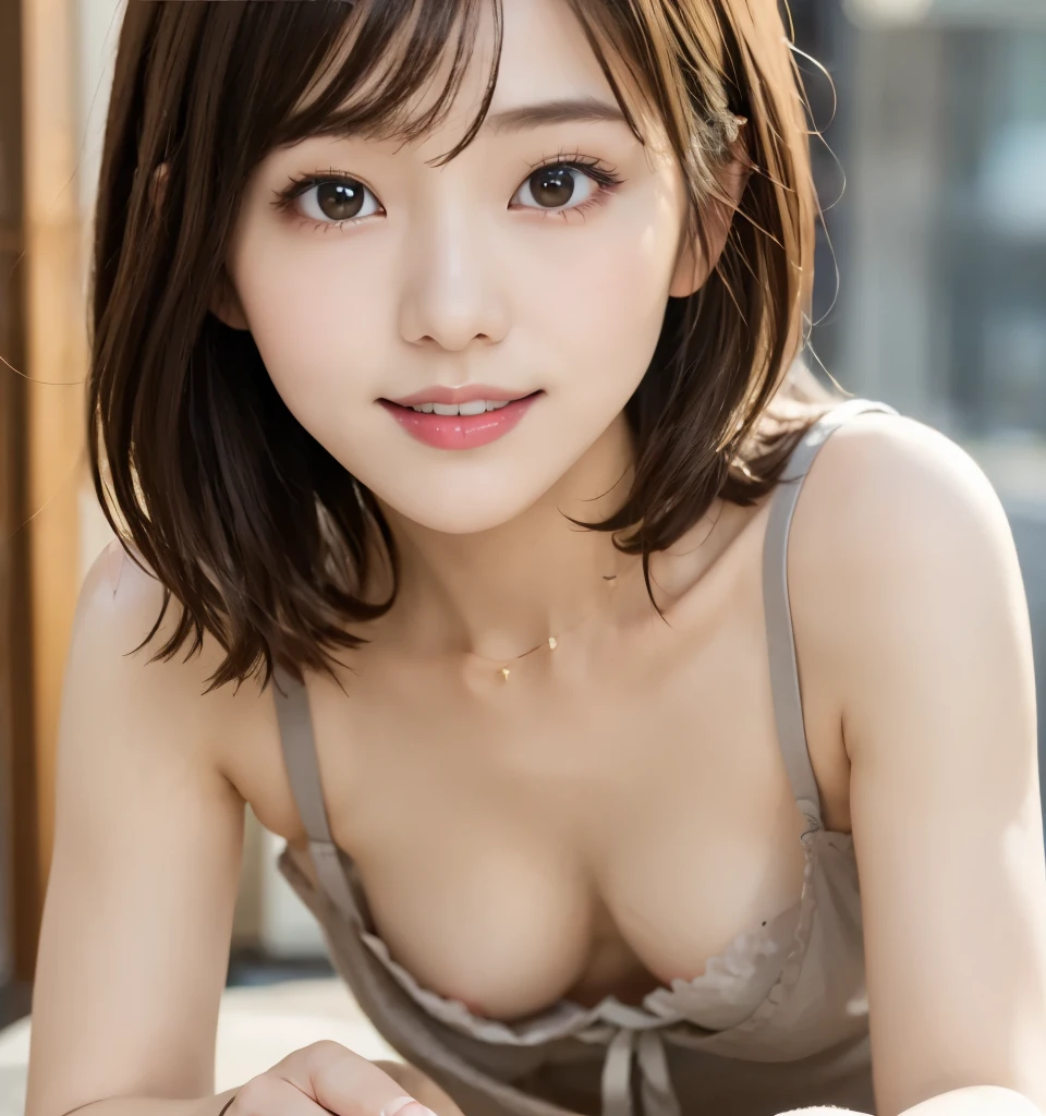  best quality、8k、 Compensate、masterpiece、   ultra high resolution、Realistic、   professional lighting 、  natural light、smile、Ultra slim、Slender body、( Very cute girl 、   pretty girl 、 Cute Yoda Yuki 、The cutest in the world)、baby face、  small face 、Idol Class、   white skin、(  small breasts:1.4、   flat chested:1.4)、   very short hair :1.6、  brown hair、 slouch:1.6、 cleavage visible    :1.8、Woman in sexy pajamas:1.6