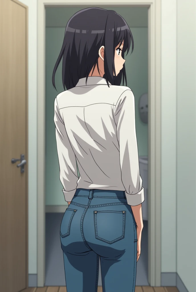 Cool girl，18yr old，In the bathroom，Washing her long hair，A very,、Very long ponytail，extra long black hair，Hair as long as height， 2d ，Japanese anime， female high-school student，Best quality at best, fully body photo。I wasn't wearing any clothes。