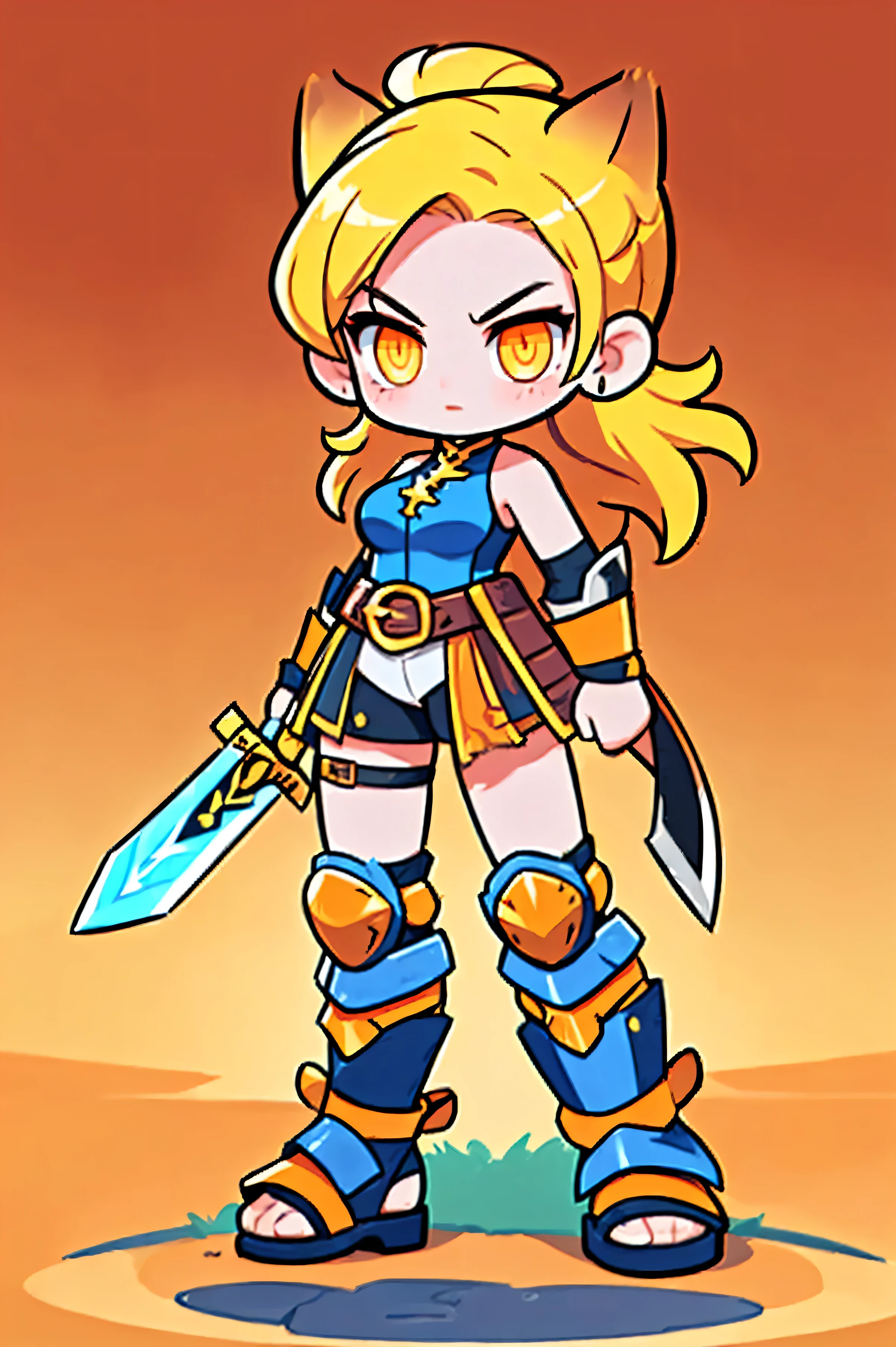 A female warrior wields a sword , Medieval Leather Armor , Natural background. yellow hair , tied hair , cat ears , Orange eyes , The act of rushing with a sword, Battle Sword . Aggressive posture