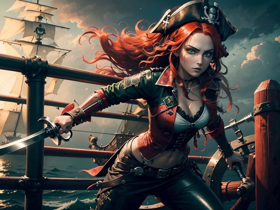 Create a breathtaking, ultra-high-definition image in 16K resolution that captures the adventurous and stylized essence of a pirate world realistic photo aesthetic. | Visualize a stunning female pirate with vibrant red hair cascading down her back, adorned with a traditional pirate hat featuring a feather. She has a fierce and determined expression, exuding both beauty and power. Her eyes are a captivating green, and she has a slight scar on her cheek, adding to her rugged charm. She is dressed in a classic pirate outfit with a modern twist: a flowing white blouse, a leather corset, a wide belt with a large buckle, and tall boots. Her attire should blend traditional pirate elements with subtle contemporary accents.| The scene is set on a pirate war battleground with a chaotic mix of ships, cannons, and smoke. The sky is filled with dark storm clouds and flashes of lightning, adding a dramatic and intense atmosphere. The sea is rough, with waves crashing against the ships. Debris and remnants of battle are scattered around, enhancing the wild and untamed setting.| Capture the pirate in a victorious pose, with one hand lifting a tattered pirate flag high above her head and the other hand clenched into a fist. Her posture should convey triumph and strength, with her body turned slightly to showcase her dynamic pose. The camera angle should emphasize her full body, highlighting the details of her outfit and her confident, fierce expression. | Ensure anatomical correctness, with a focus on ultra-detailed textures and high-quality rendering, capturing every nuance of the pirate's appearance and her intense surroundings. This masterpiece should embody the spirit of adventure and resilience, immersing viewers in its lifelike depiction. | Keywords: (beautiful red-haired pirate:1.3), ((realistic photo)), ((fierce expression):1.2), ((pirate war battleground)), ((victorious pose)).
