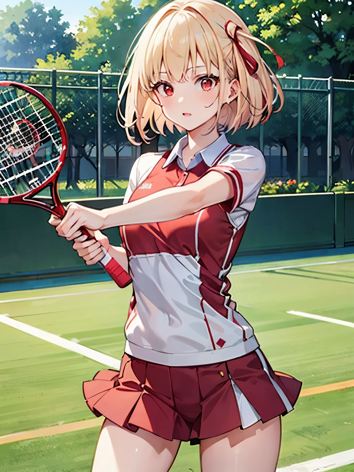 A high school girl. Blonde hair. Bob. Red eyes. She is wearing a red tennis outfit, with her white undergarments visible. She holds a single tennis racket with both hands in a poised and focused manner. The lush green grass tennis court stretches out in the background.