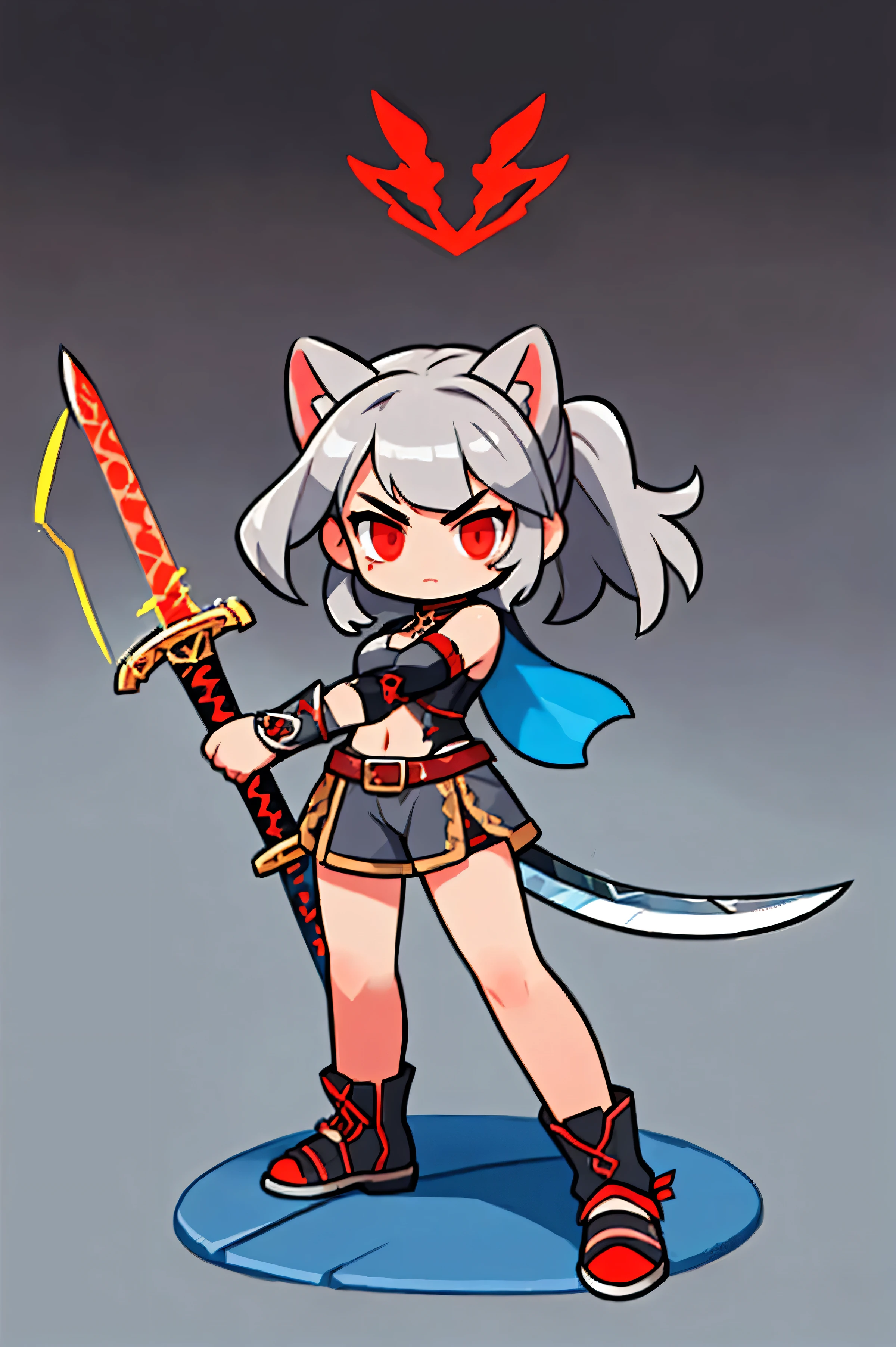 A female warrior wields a sword  ,    Medieval Leather Armor , Natural background.  gray hair  ,  cat ears , red eyes ,  The movement of holding a sword and spinning,   Battle Sword  . Aggressive posture  