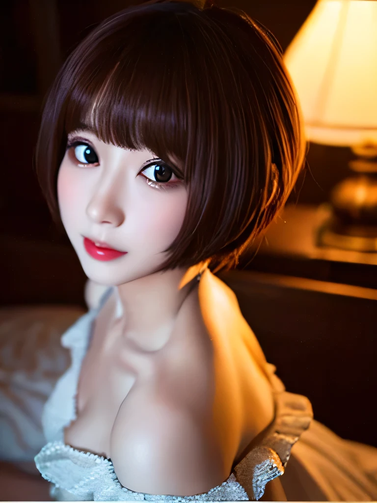 ( Dynamic Range 、Light for shooting 、 beautiful portrait 、Head shot realistic photo), 1 beautiful girl with pieces 、Curly hair、 Shorthair、Puff Dresses、shoulder、clavicle、Skinny、Small breasts、(Blowjob),Bedroom at night、Lamplight、Gorgeous bed