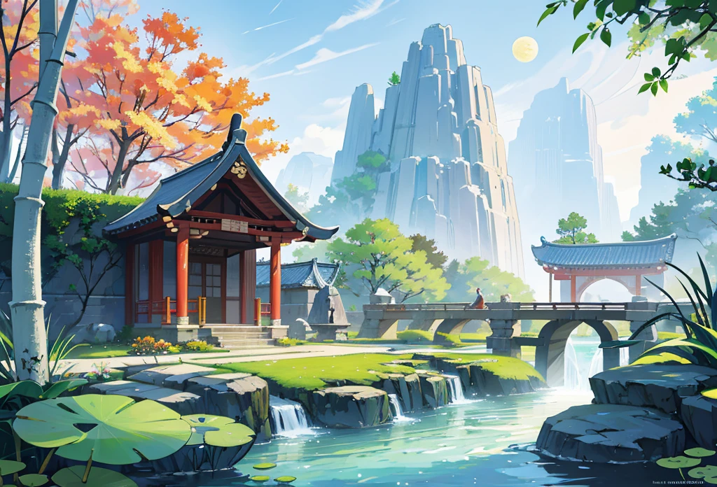 Ancient Chinese architecture, moon,  in the dark, garden, bamboo, lake, Stone Bridge, rockery, arch, corner, Tree, Flowing Water, landscape, Outdoor, Fall, Grass, rock, Water Lily, hot spring, water vapor, (illustration: 1.0 ),  epic work , Realistic lighting , High-resolution details, masterpiece,  is of the best quality, ( very detailed CG unity 8k wallpaper) --at 6