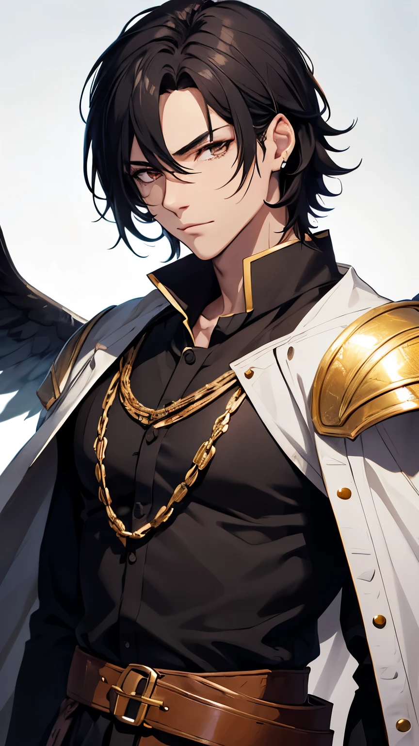 fair-skinned young man , black hair and golden eyes with golden wings on his back, beautiful face, clothes of a medieval prince in a castle