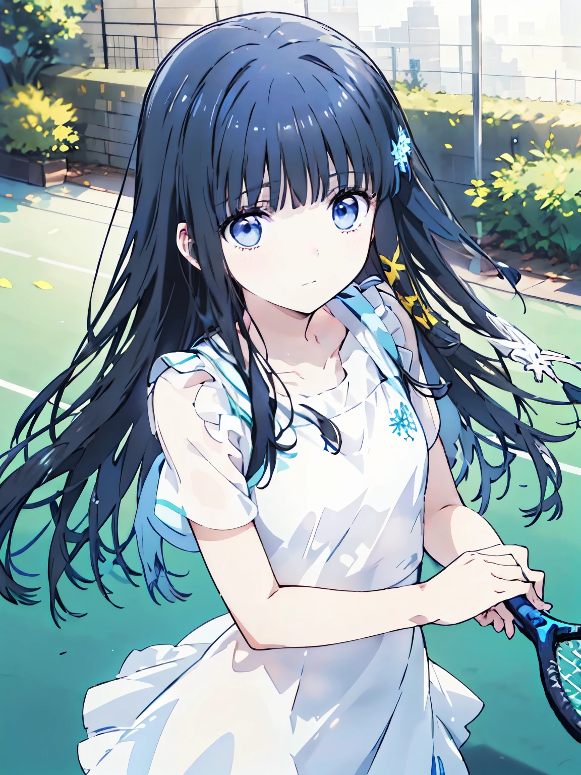 In the style of Japanese anime, a -yeld giwith unmatched beauty. She has black, super long, straight hair that flows gracefully. Her slender body complements her delicate appearance. Her eyes are small, slightly elongated, and deep black. She wears a snowflake hair accessory that adds a touch of elegance. She is wearing a blue tennis outfit, with her white undergarments visible. She holds a single tennis racket with both hands in a poised and focused manner. The lush green grass tennis court stretches out in the background.