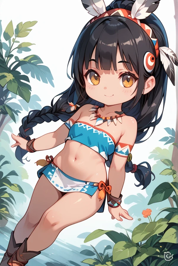 Chibi character, two-dimensional, cute, black hair, Native American clothing