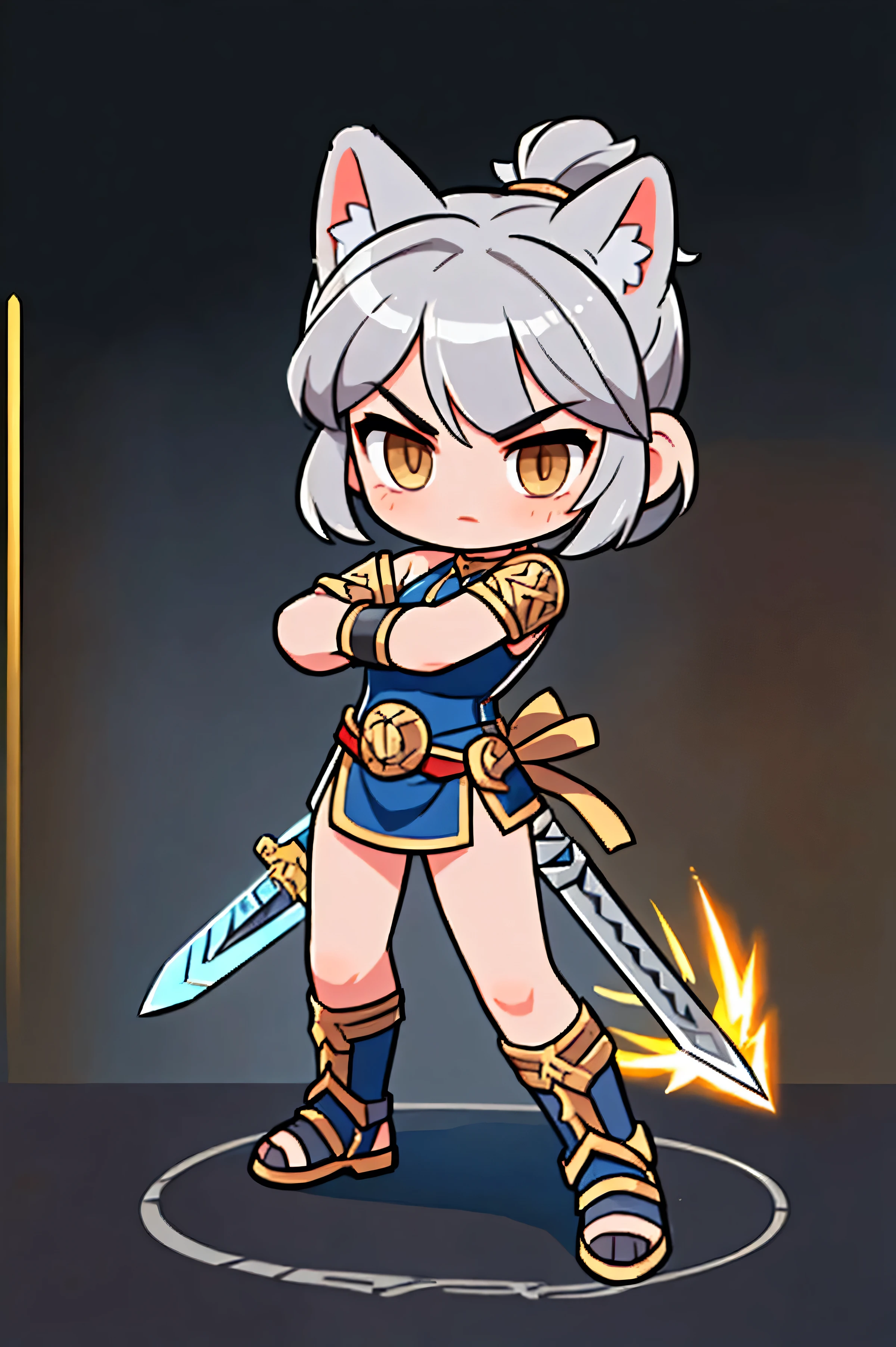 A female warrior wields a sword  ,   Greek female warrior, Natural background.  gray hair  ,  cat ears , brown eyes ,  Hero landing moves with a sword,   Battle Sword  . Aggressive posture  