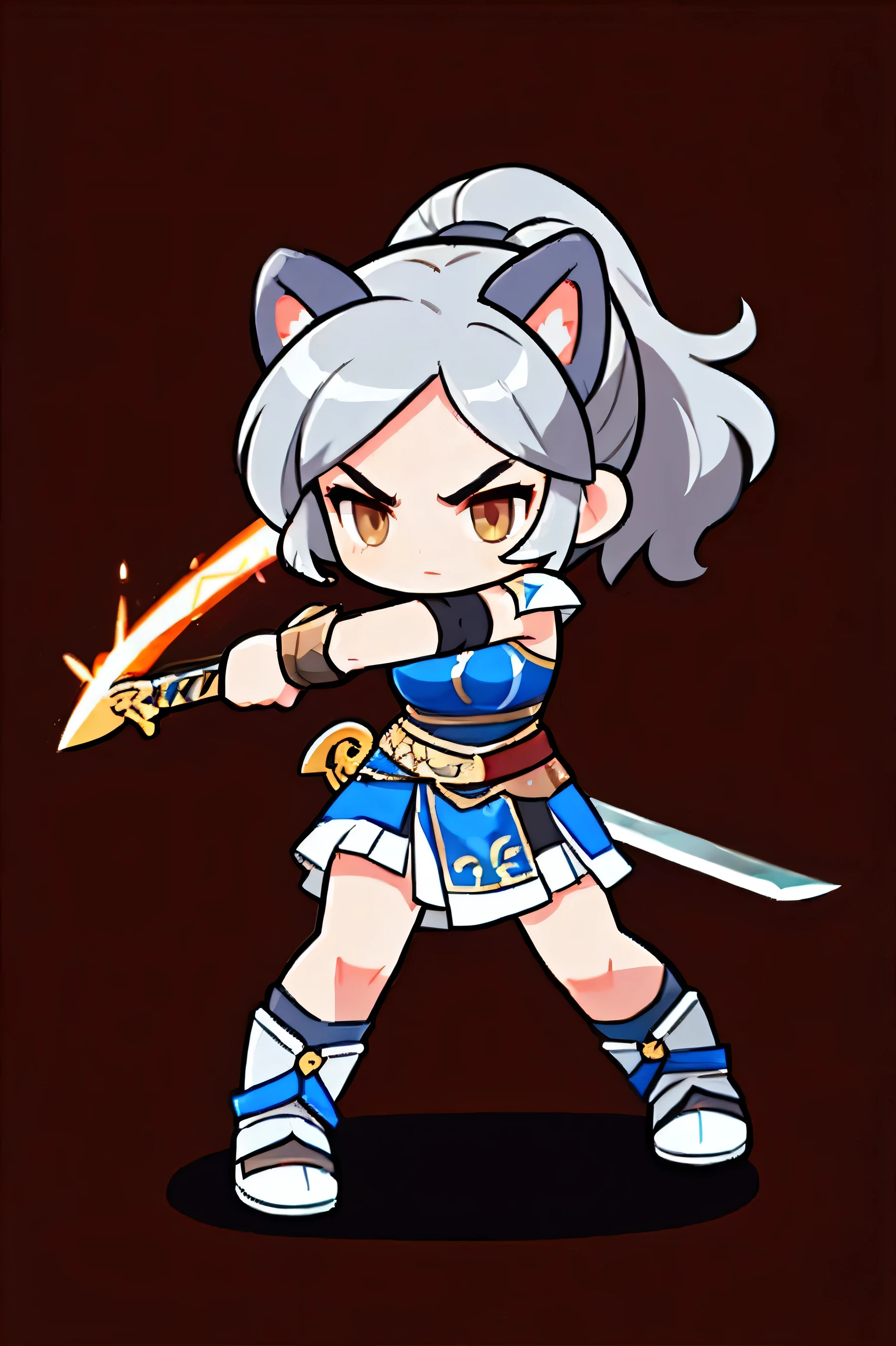 A female warrior wields a sword  ,   Greek female warrior, Natural background.  gray hair  ,  cat ears , brown eyes ,  Hero landing moves with a sword,   Battle Sword  . Aggressive posture  