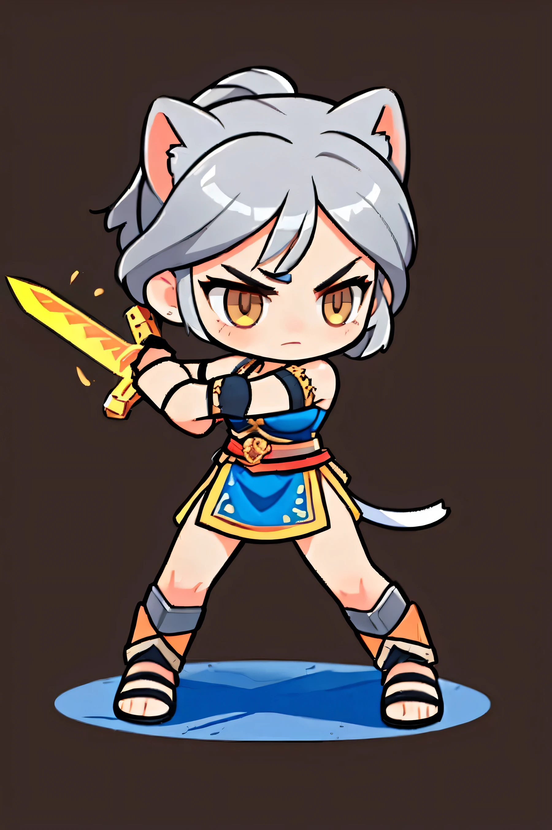 A female warrior wields a sword  ,   Greek female warrior, Natural background.  gray hair  ,  cat ears , brown eyes ,  Hero landing moves with a sword,   Battle Sword  . Aggressive posture  