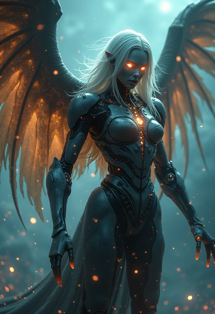 Cosmic Fallen Angel, glowing light eyes, Biomechanical, eerie, Creepy, nightmarish, Very bright colors, Light particles, with light glowing, Mshiff, wallpaper art, UHD wallpaper, cinematic styles, cinematic lights