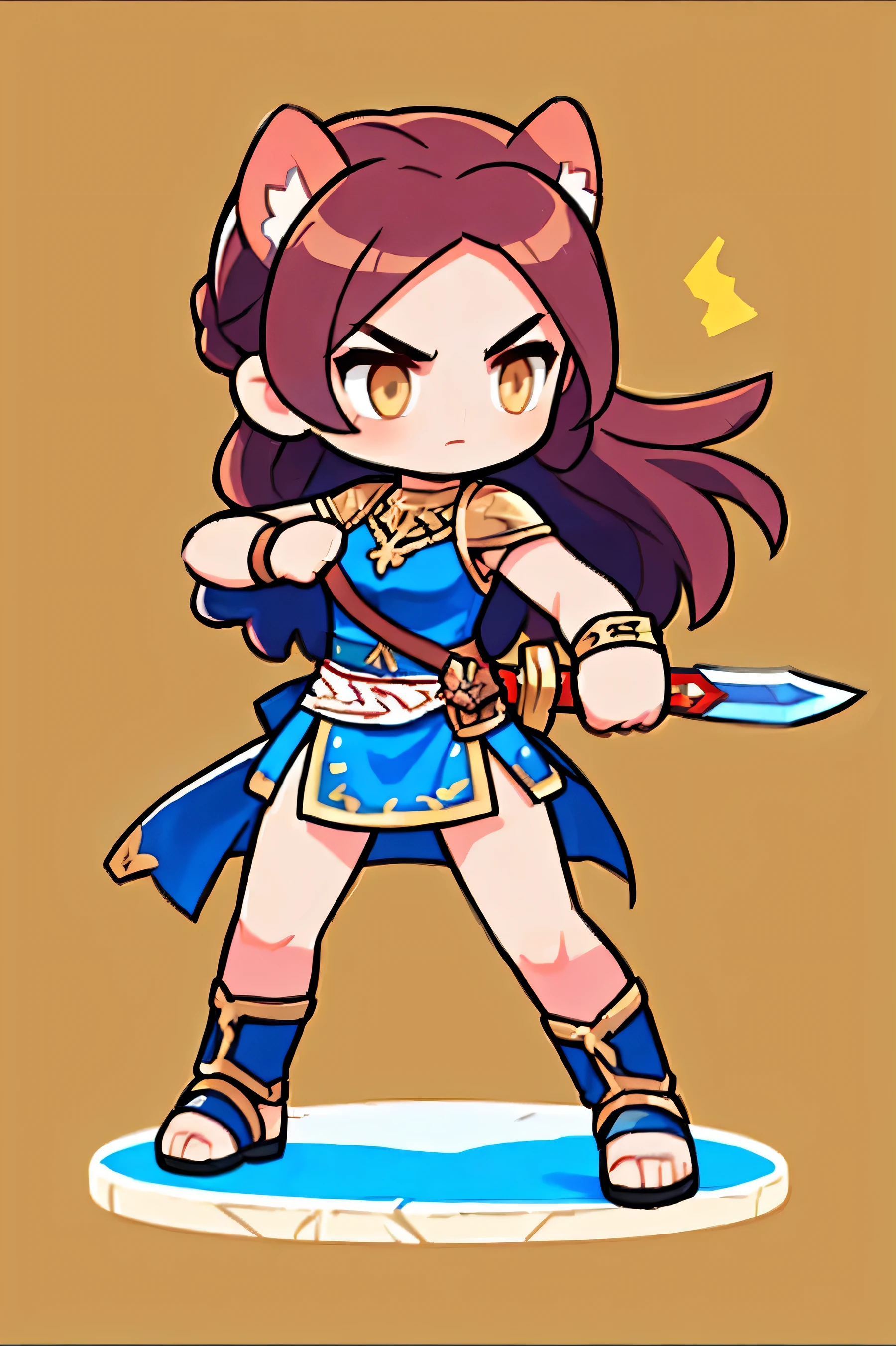 A female warrior wields a sword  ,   Greek female warrior, Natural background. ivory hair  ,  cat ears , brown eyes ,  Hero landing moves with a sword,   Battle Sword  . Aggressive posture  