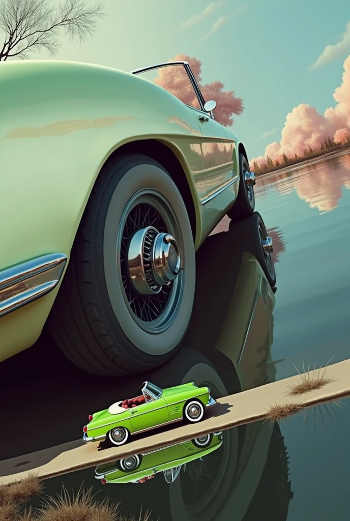 side view from above, realistic detailed illustration of Red 1973 Corvette convertible (((girl driving))) Syd Mead style