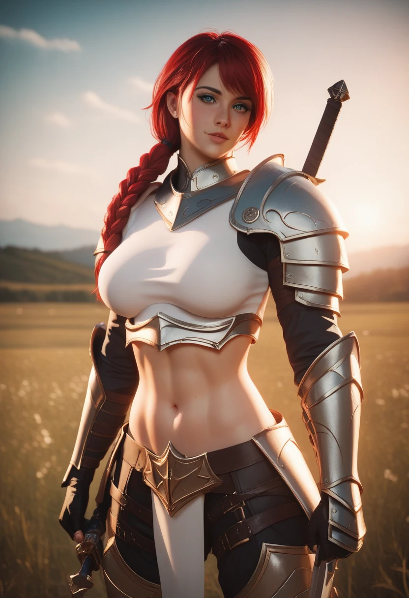 Redhead warrior, armor, medieval fantasy, D&d, RPG, ultra realistic, ultra detailed, best quality, 8k, wallpaper, steel breastplate, front, short skirt, red skirt, tiny panties, white panties, thong calcie, panty view, upskirt, thong, cameltoe, pantyshot, sitting, legs open, RAW, nsfw,