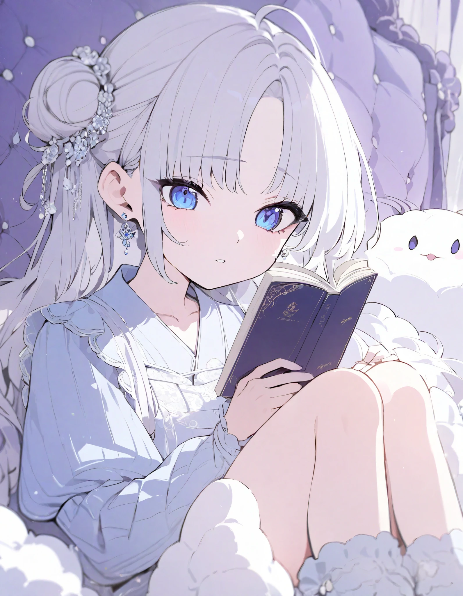a woman wears a white dress with cat ear under the star sky, reading a book, blue eyes, high quality, 4K, Beautiful, White Hair, sitting next to tree on the ground