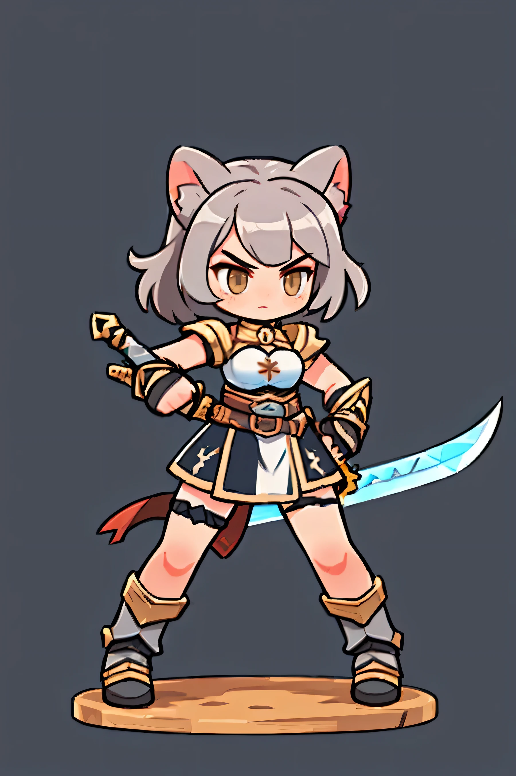 A female warrior wields a sword , Medieval Iron Armor , Costume Color Gray, Natural background. ivory hair , cat ears , brown eyes , Hero landing moves with a sword, Battle Sword . Aggressive posture