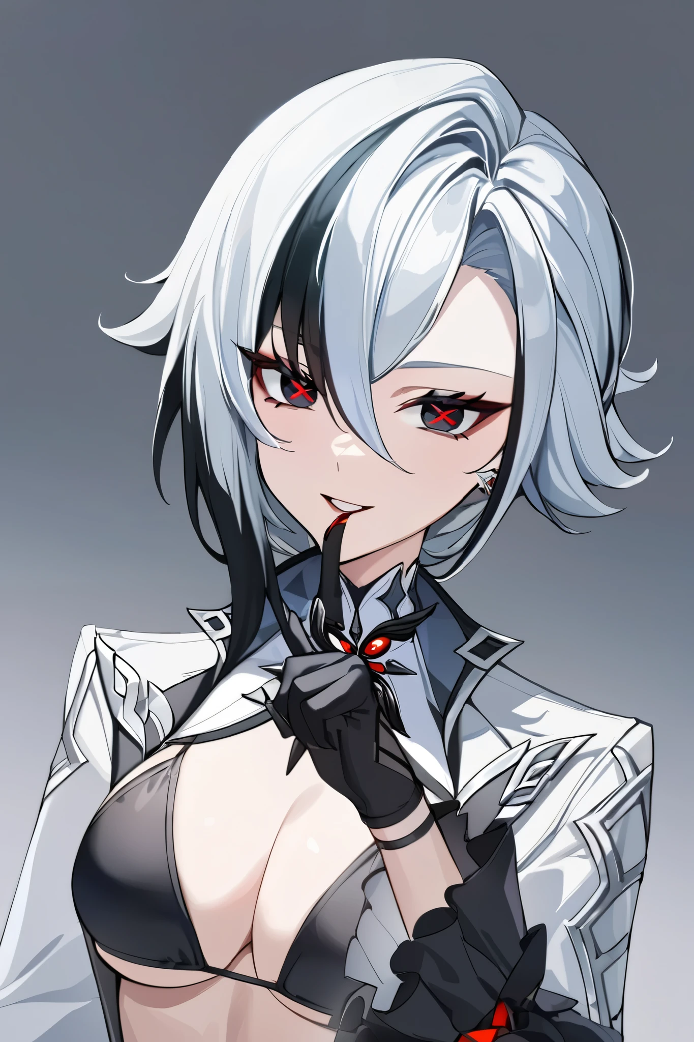 best quality, masterpiece,lora:arlecchino_new:1>ï¼parted_lips, sidelocks, turtleneck, black_gloves,bikini red, x-shaped_pupils, :d, looking_at_viewer, simple_background, highres, english_commentary, finger_to_mouth, index_finger_raised, solo, grey_background, 1girl, arlecchino_\(genshin_impact\), long_sleeves, absurdres