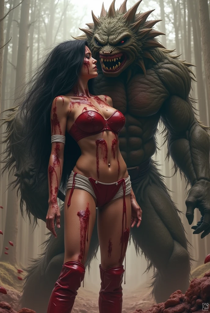 ultra-realistic, highly detailed, full height view, a stunningly attractive, vampire woman with bloodied fangs showing, pale complexion, horrifying, frightening feeding off a male victim