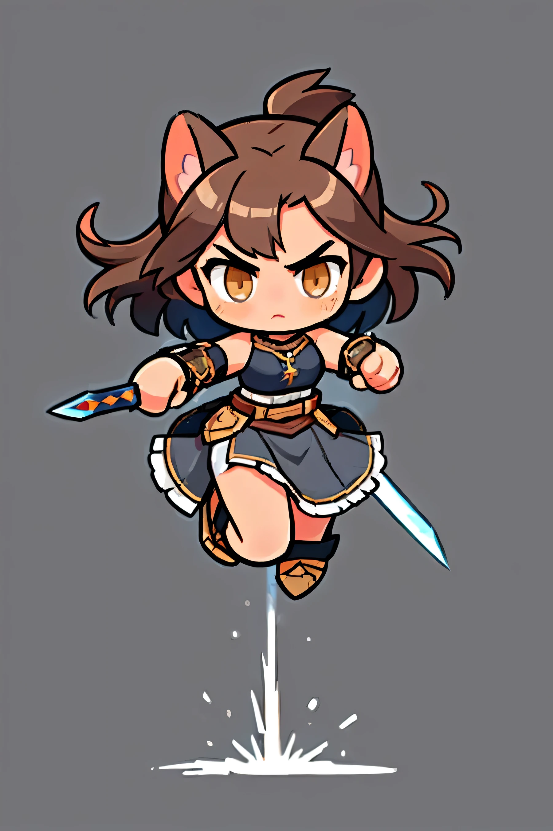 A female warrior wields a sword  ,   Medieval Iron Armor ,  Costume Color Gray, Natural background.  brown hair ,  cat ears , brown eyes ,  Hero jump attack moves with a sword,   Battle Sword  . Aggressive posture  