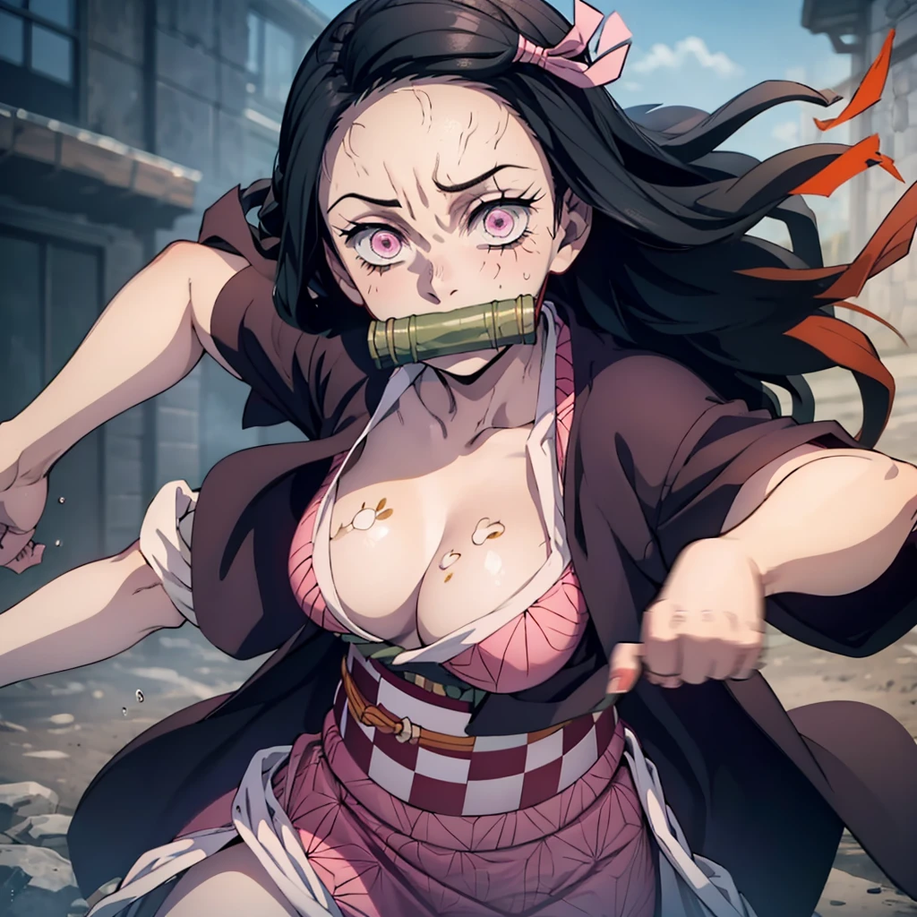 masterpiece,  best quality, 8k,  ultra high resolution,  best quality, Anime Style, Best writing, Facial beauty, masterpiece, ( pink kimono), Attractive face, Good lighting, Low Cut,  Sex, masterpiece, Sparkling Eyes,  1 girl,  black hair, gag, bamboo, Kamado Nezuko, Beautiful background, masterpiece,  best quality, throw,  COWBOY SHOOTING , Dance happily